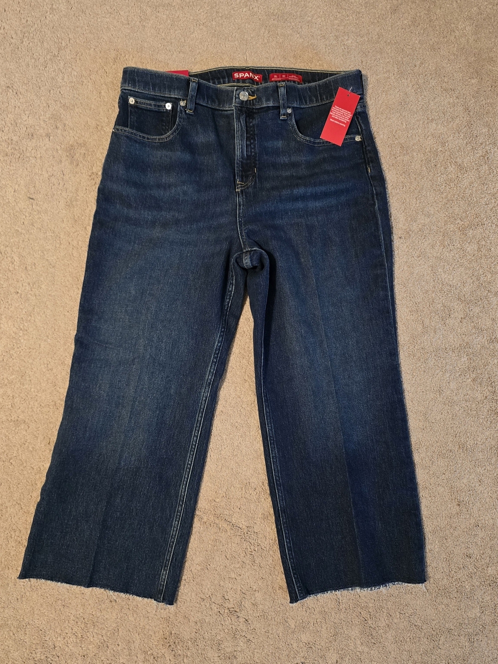 SPANX Dark Blue Ankle-Crop Raw Hem Jeans
